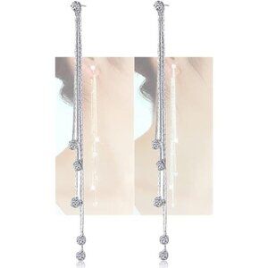 Women's Linear Long Tassels Diamante Rhinestone Dangle Party Eardrop Earrings